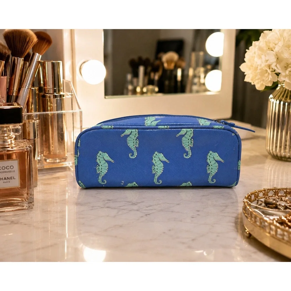 Kate Spade Cosmetic Bag Blue Seahorse Print Saffiano Travel Pouch *see pics
